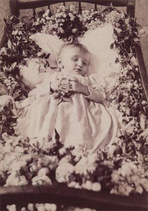 Child in a flower-strewn cot